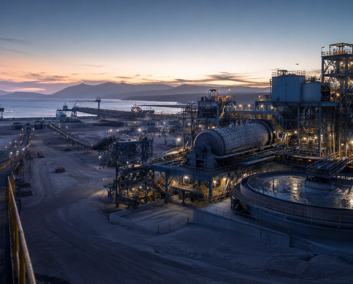 Minerals processing facility at dusk